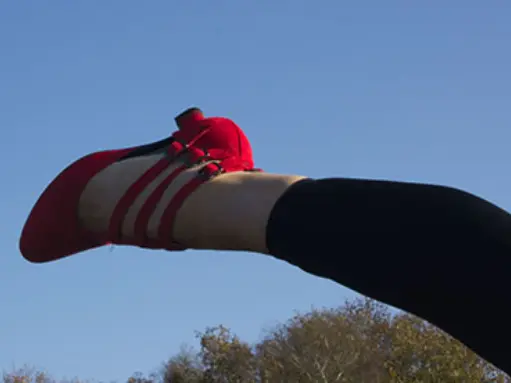 Red designer shoe against the blue sky